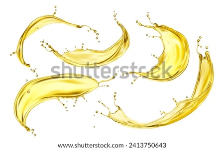 Yellow beer, oil or juice splashes. Realistic liquid beverage swirl, transparent wave or drink flow with gold drops. Vector 3d cooking oil, fuel or engine lubricant spills, golden droplets and bubbles