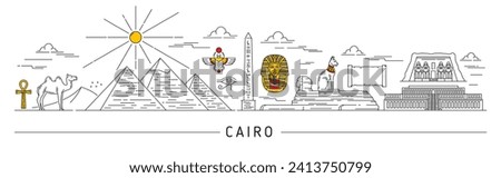 Egypt silhouette, Cairo and other egyptian travel landmarks. Vector skyline, thin line pyramids in Africa desert landscape. Outline Sphinx monument, papyrus scroll, pharaoh black cat, ankh and camel Royalty-Free Stock Photo #2413750799