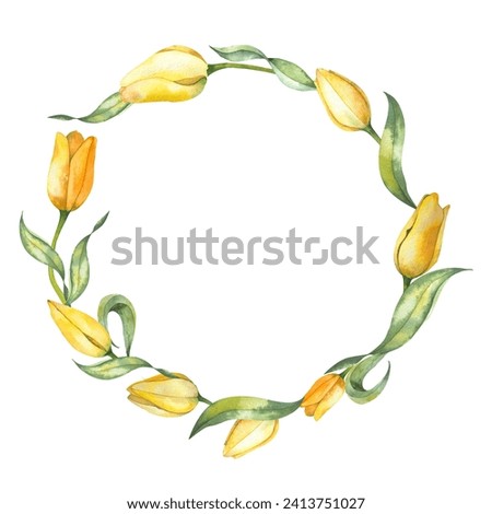 flower frame is a wreath of yellow tulips and leaves. Botanical watercolor illustration on a white background. for the design of postcards.