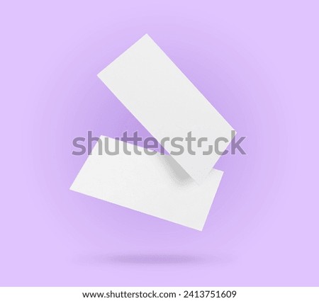 Blank business cards in air on violet background. Mockup for design