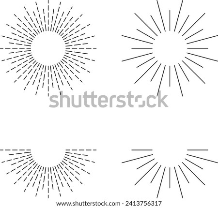 Vintage sunburst set. Bursting rays sunrise firework starburst blast, Radiant Spark. Rays. Geometric Design Elements. Retro radiant sunburst, starburst hand drawn label, sun rays. Vector Royalty-Free Stock Photo #2413756317