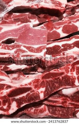 Cuts of beef ribs, used as ingredients for cowboy steak, bone-in rib roast
