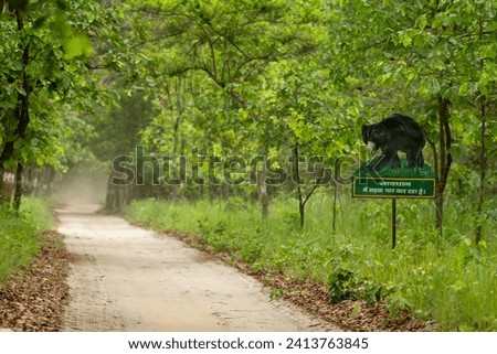 sloth bear or Melursus ursinus signboard signboard written beware I am crossing the road to educate common people and tourist to drive slow as wild animals may cross forest road pilibhit national park