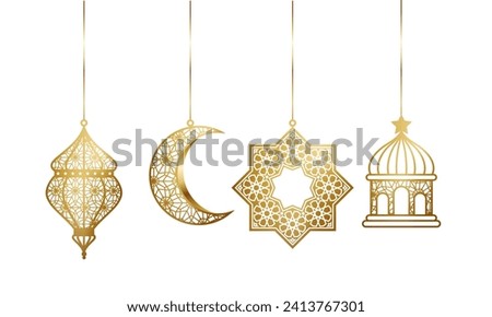 Set of hanging Islamic golden decoration. Realistic clipart vector Royalty-Free Stock Photo #2413767301