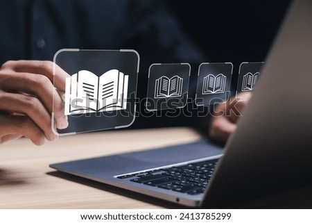 E-library concept. Person use laptop with virtual E-book icons for electronic books online, knowledge base on internet, digital library or e-library. Royalty-Free Stock Photo #2413785299