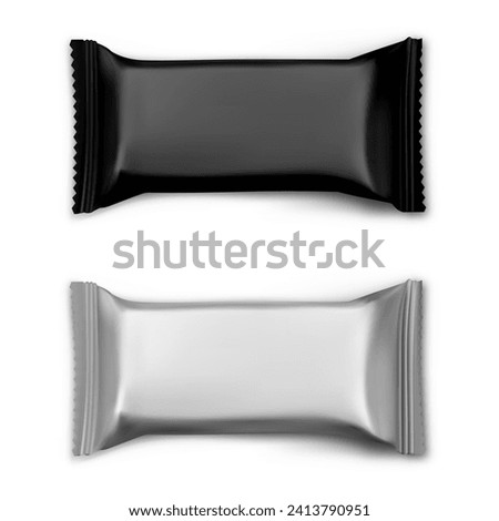 Chocolate bar mockup. Biscuit snack wrapper blank. Foil pouch for candy, energy bar polyethylene pack template for logo and brand advertising and promotion. Silver metallic blank Royalty-Free Stock Photo #2413790951