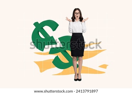 Collage photo image young business lady standing falling breaking dollar sing money inflation devaluation bankruptcy drawing background