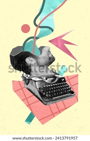 Image strange collage of guy with damaged face exploding with incredible ideas for new story typing