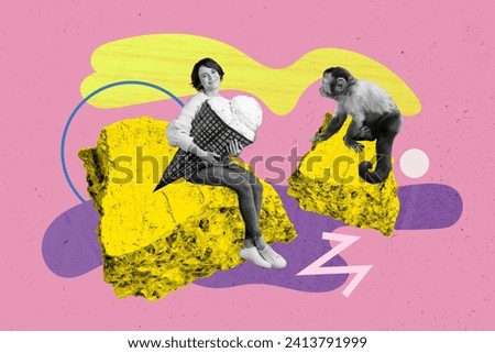Weird bright collage template of happy woman hold big ice cream protect from begging wild monkey