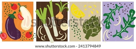 Set of 4 hand-made illustrations of vegetable combos, perfect to illustrate ingredients. Royalty-Free Stock Photo #2413794849