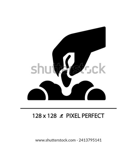 Sowing black glyph icon. Putting seed in soil. Growing plant. Agricultural process. Gardening season. Organic farming. Silhouette symbol on white space. Solid pictogram. Vector isolated illustration