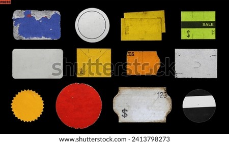 
collection of blank old sticker, label, price tag template for mockup. isolated dirty, ripped, half peeled stickers	