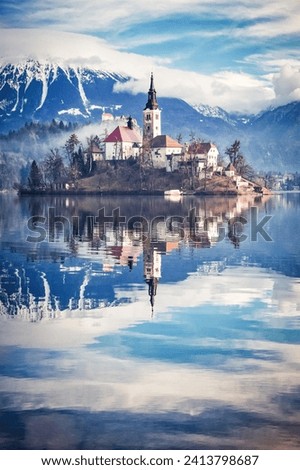 amazing View On Bled Lake, Island,Church And Castle With Mountain Range (Stol, Vrtaca, Begunjscica) In The Background-Bled,Slovenia,Europe Royalty-Free Stock Photo #2413798687