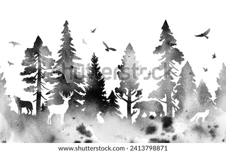 Seamless watercolor vector pattern with coniferous forest and animals. Silhouette of firs, pines, deer, hare, fox, wolf, bear and birds isolated on white background. Nature border pattern