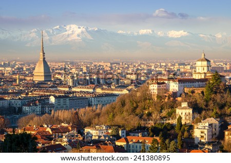 Turin (Torino), landscape with Mole Antonelliana and Alps Royalty-Free Stock Photo #241380895