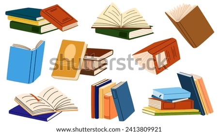 Stacks of books for reading, pile of textbooks for education. Set of literature, dictionaries, encyclopedias, planners with bookmarks. Flat vector illustration isolated on white background