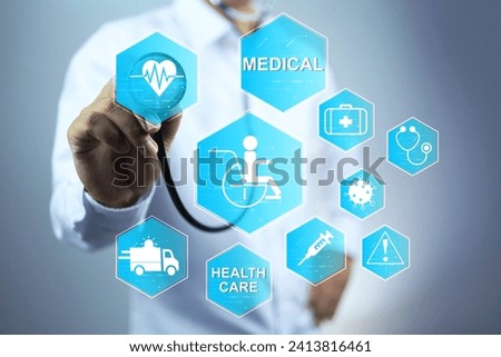 Doctor using stethoscope to check on heart icon represent to quick access treatment public health services or people can be accessed through communication to healthy community hospital Royalty-Free Stock Photo #2413816461
