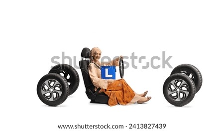 Woman learning to drive isolated on white background