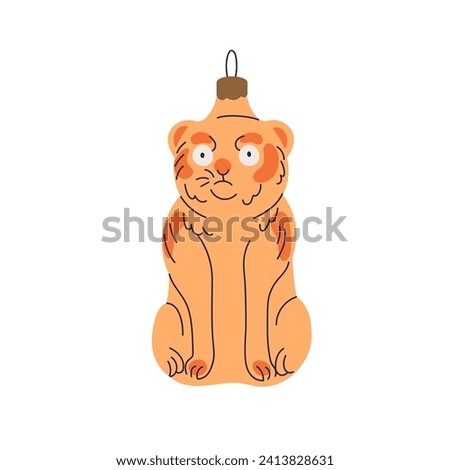 Vintage tiger bauble. Christmas tree ornament in old retro style. Xmas glass figurine, cute animal-shaped decoration design, 50s New Year decor. Flat vector illustration isolated on white background