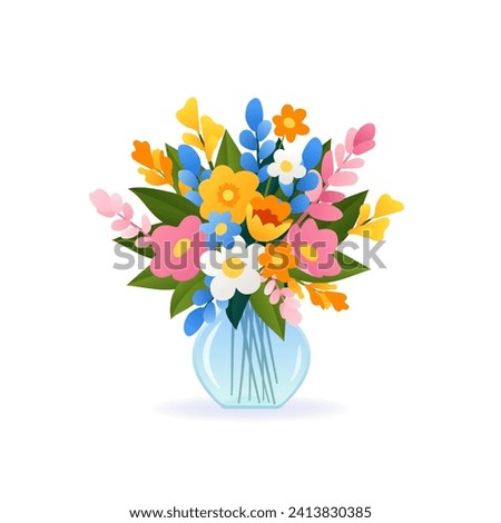 Bouquet of different spring and summer flowers in vase. isolated vector illustration on white. Modern art for poster, postcard, banner, card and etc. Vector clip art. Women's Day, Mother's Day.