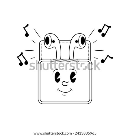 Black and white icon wireless earphones in charging case. Colouring for kids. Flat vector illustration EPS10 on white background.