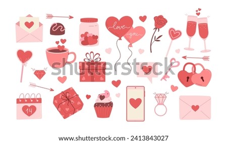 Happy Valentine's Day vector illustration set. Decorative elements for invitation, greeting card, postcard. Hearts, envelope, ballon, sweets, drink, gift box, message, padlock and key icons 