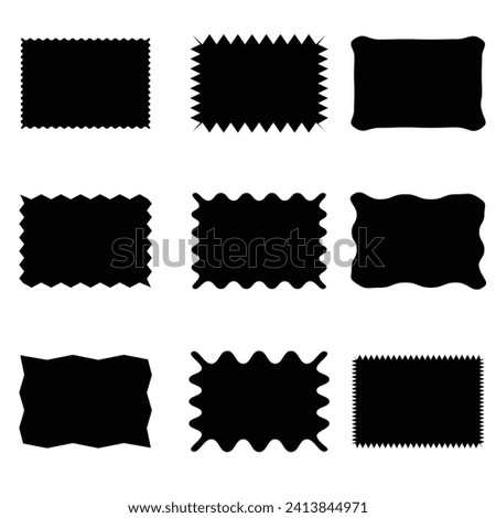 Scallop edge rectangular button icon set. A group of 9 rectangle symbols with scalloped edges. Isolated on a white background.