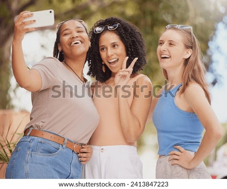 Women friends, park selfie and peace sign with diversity, happy laugh and sunshine with smile on holiday. Black woman, girl or profile picture with solidarity, excited gen z students and social media