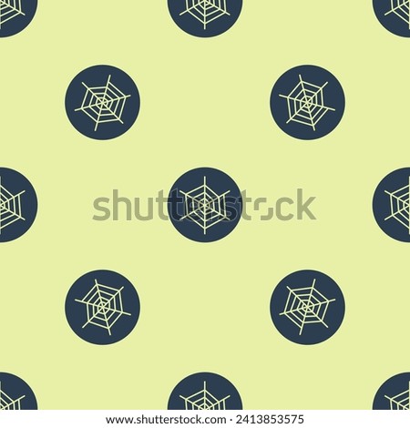 Blue Spider web icon isolated seamless pattern on yellow background. Cobweb sign. Happy Halloween party.  Vector Illustration