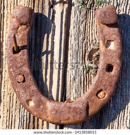 The image captures an old and rusted horseshoe on a wooden background, a symbol of luck. The rust adds a nostalgic patina, emphasizing authenticity and rustic charm.