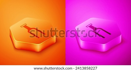 Isometric Bicycle suspension fork icon isolated on orange and pink background. Sport transportation spare part steering wheel. Hexagon button. Vector