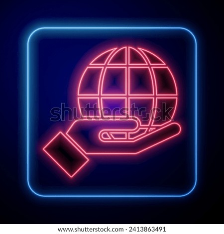 Glowing neon Human hand holding Earth globe icon isolated on blue background. Save earth concept.  Vector Illustration