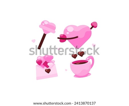 Collection of Valentine's Day theme sticker or clip art designs. illustration of lollipop, love letter, love arrow and cup of chocolate. symbol or icon. flat illustration set design. graphic elements