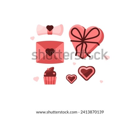 Collection of Valentine's Day theme sticker or clip art designs. illustrations of cupcakes, love letters, gifts and chocolate hearts. symbol or icon. flat illustration set design. graphic elements