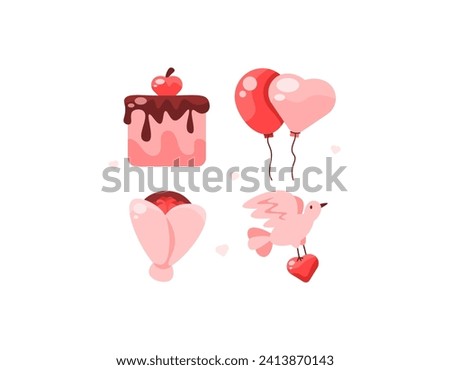 Collection of Valentine's Day theme sticker or clip art designs. illustrations of tart cakes, heart balloons, flower bouquets and doves. symbol or icon. flat illustration set design. graphic elements