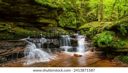 Panoramic view of Monbach creek valley with cascade near Bad Liebenzell in Black Forest, Germany. Blurred brook water motion with longtime exposure in an idyllic natural reserve after summer rainfall. Royalty-Free Stock Photo #2413871587