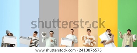Collage of young people with electric heaters on color background