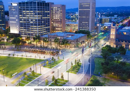 View of downtown area in Adelaide, South Australia, at twilight Royalty-Free Stock Photo #241388350