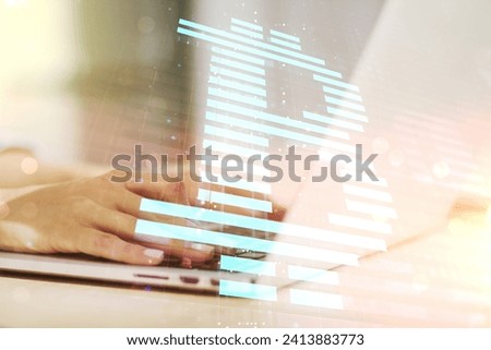 Creative Bitcoin concept with hands typing on computer keyboard on background. Double exposure