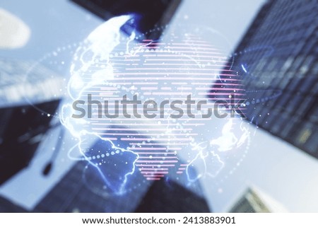 Abstract virtual world map with connections on office buildings background, international trading concept. Multiexposure