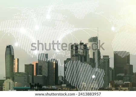 Double exposure of abstract digital world map hologram with connections on Los Angeles city skyscrapers background, research and strategy concept