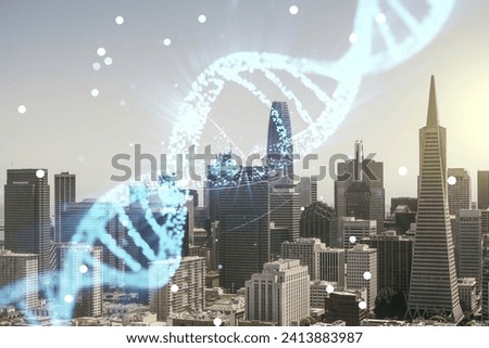 Double exposure of creative DNA hologram on San Francisco city skyscrapers background. Bio Engineering and DNA Research concept