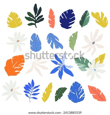Beautiful vector tropical set with hand drawn digital isolated palm tree leaves and jungle flowers. Stock floral clip art print.