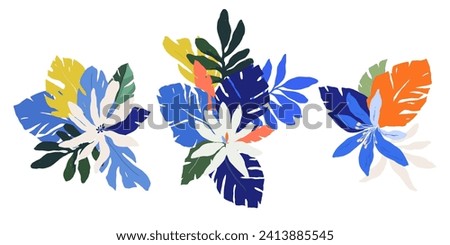 Beautiful vector tropical compositions set with hand drawn digital palm tree leaves and jungle flowers. Stock floral clip art print.