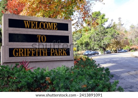 Los Angeles, California: Griffith Park Entrance Sign.  Griffith Park is one of the largest municipal parks with urban wilderness areas in the United States
