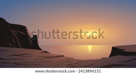 Beautiful minimal sunrise landscape with rock and cliff in seaside Royalty-Free Stock Photo #2413896151