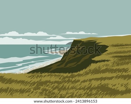 Beautiful beach at sunny day with grass and cliff Royalty-Free Stock Photo #2413896153