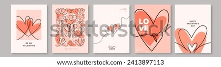 Love cover background set vector illustration. Happy Valentines Day cards with two hearts one line continuous shape, greeting sign. Invitation abstract design patterns in minimal line art modern style Royalty-Free Stock Photo #2413897113