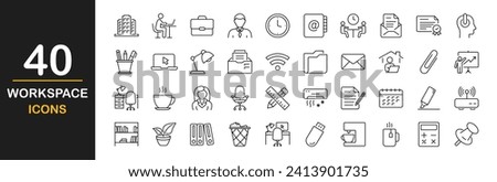 Office workspace web icons set. Workspace and coworking - simple thin line icons collection. Containing devices, tools, desktop, computer manager, meeting, co-worker and more. Simple web icons set