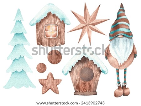Christmas decoration, gnome and bird house clip art. Hand painted illustration isolated on white background.